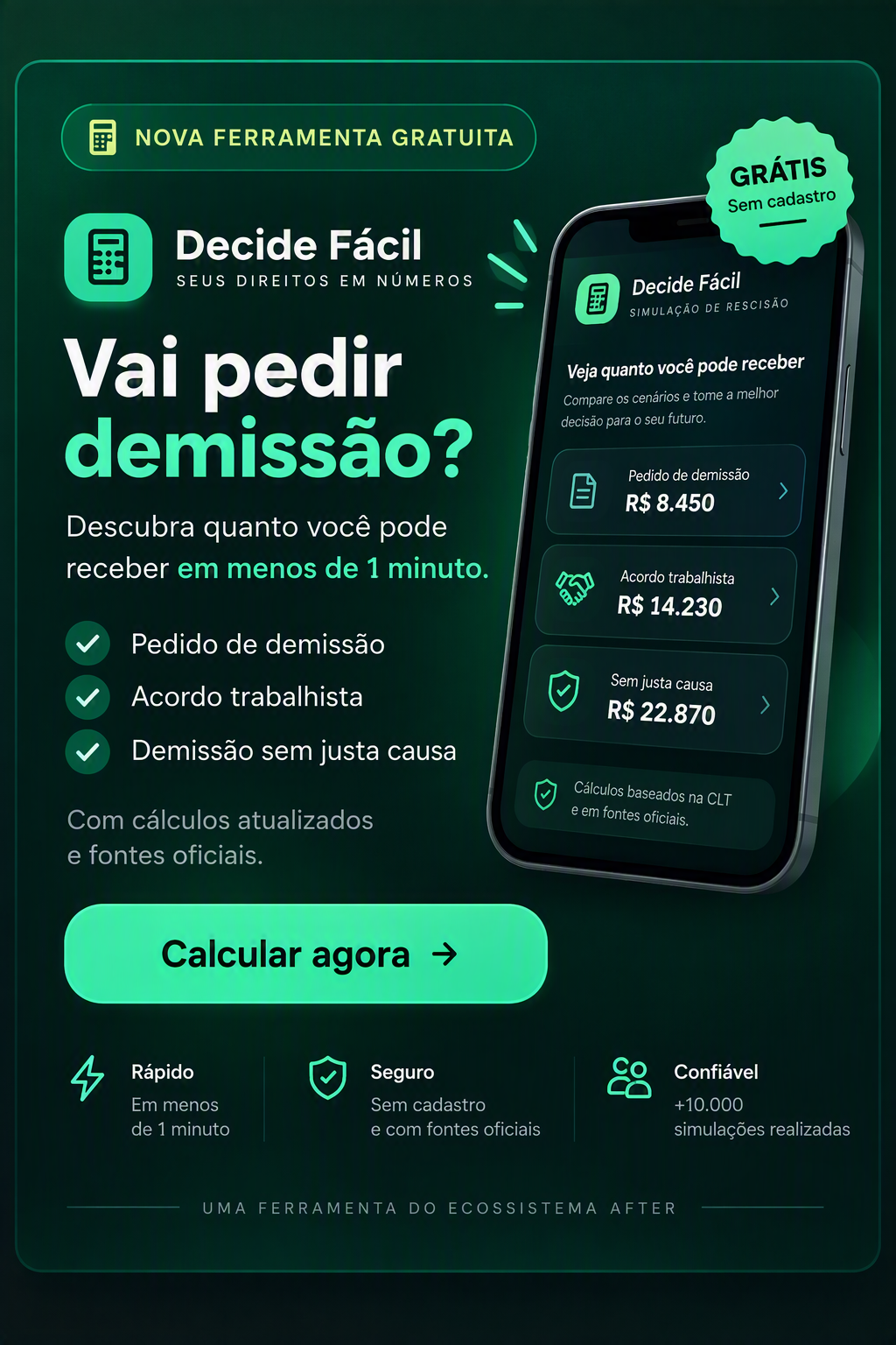 Decide Fácil: vai pedir demissão? Compare pedido de demissão, acordo trabalhista e demissão sem justa causa. Calcular agora.